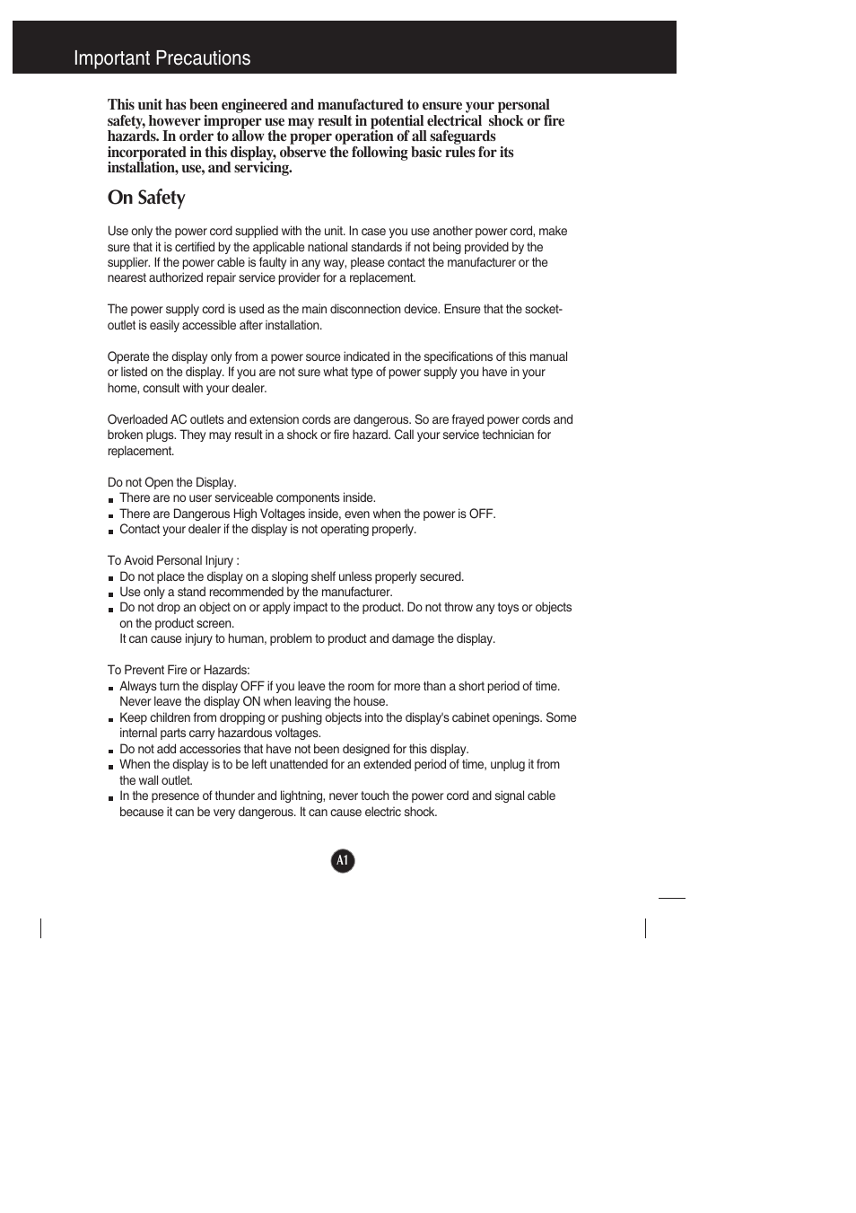 Important precautions, On safety | LG L1942PE-BS User Manual | Page 2 / 25