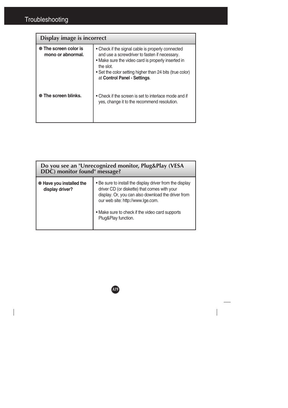 Troubleshooting | LG L1942PE-BS User Manual | Page 20 / 25