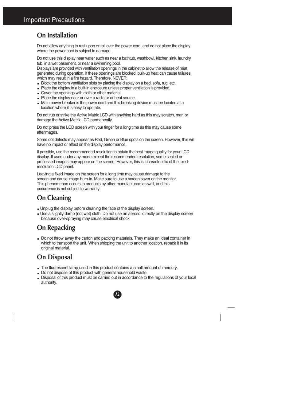 On installation, On cleaning, On repacking | On disposal, Important precautions on installation | LG L1942PE-BS User Manual | Page 3 / 25
