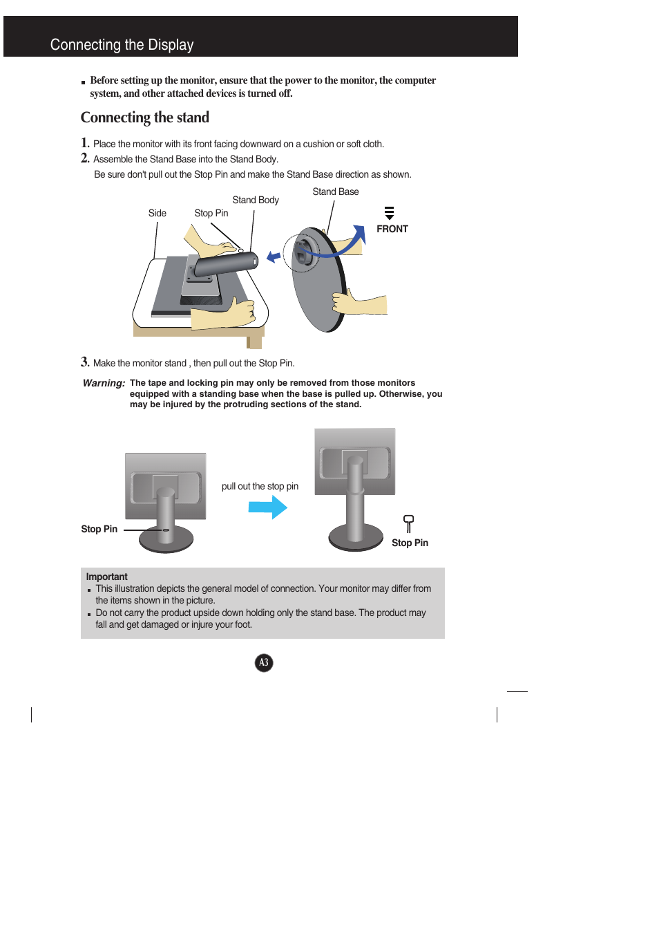 Connecting the display, Connecting the stand | LG L1942PE-BS User Manual | Page 4 / 25