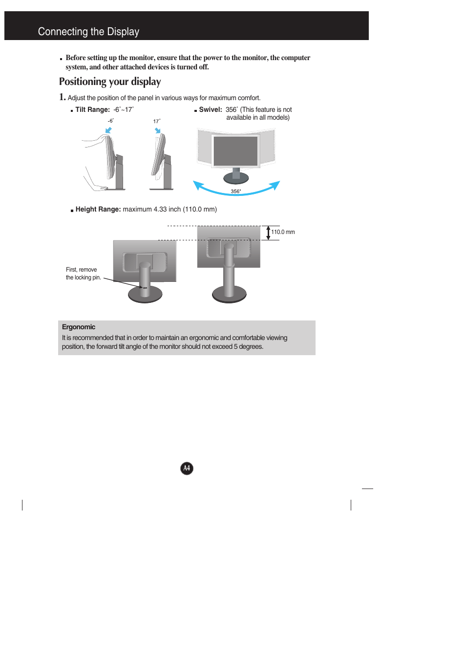 Positioning your display, Connecting the display | LG L1942PE-BS User Manual | Page 5 / 25