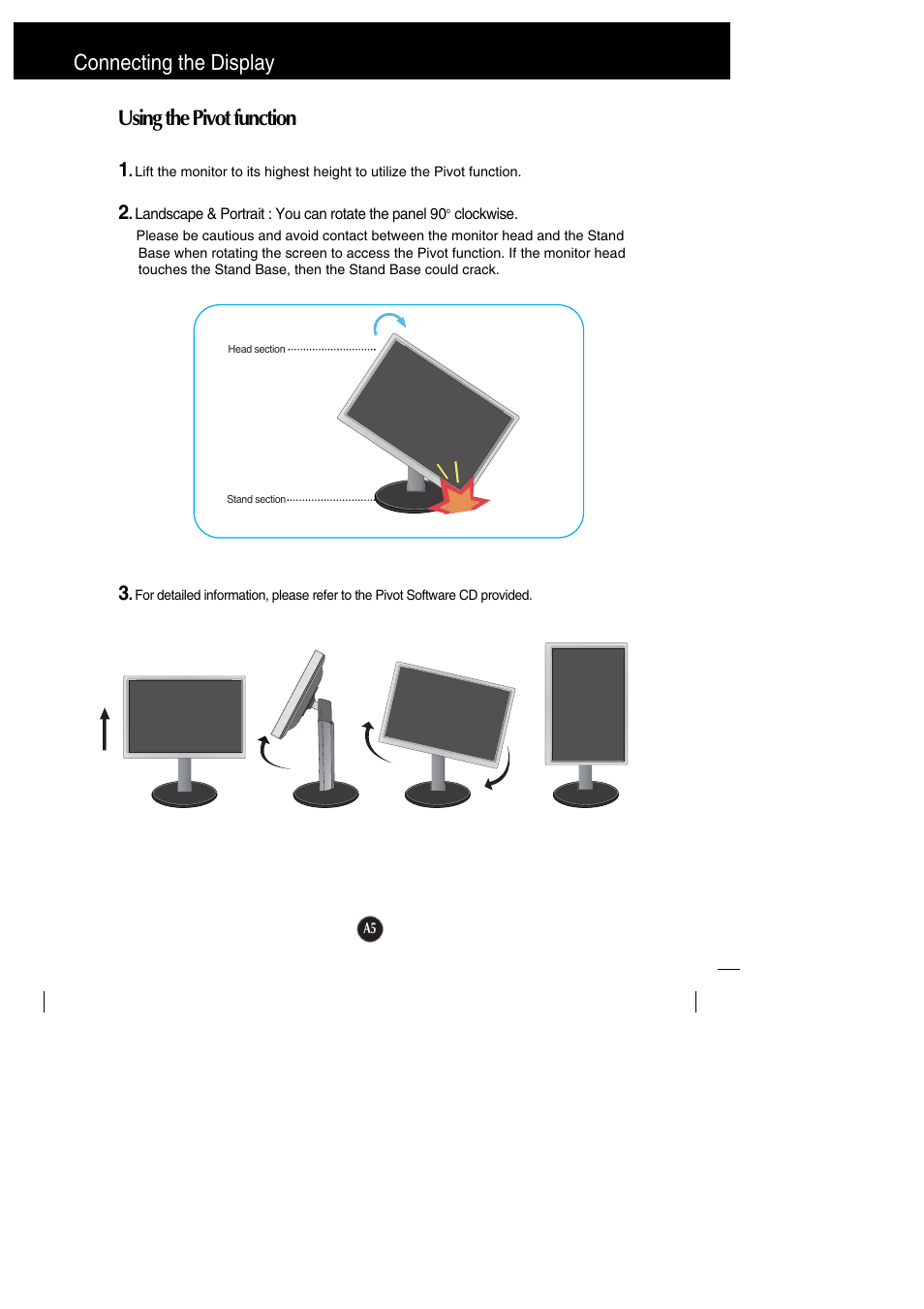 Using the pivot function, Connecting the display | LG L1942PE-BS User Manual | Page 6 / 25