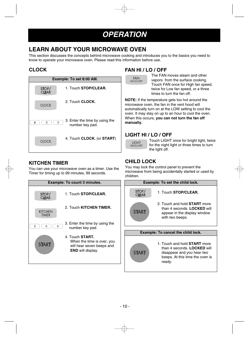 Operation, Learn about your microwave oven, Kitchen timer | Child lock, Fan hi / lo / off, Light hi / lo / off, Clock | LG MV1502B User Manual | Page 10 / 30