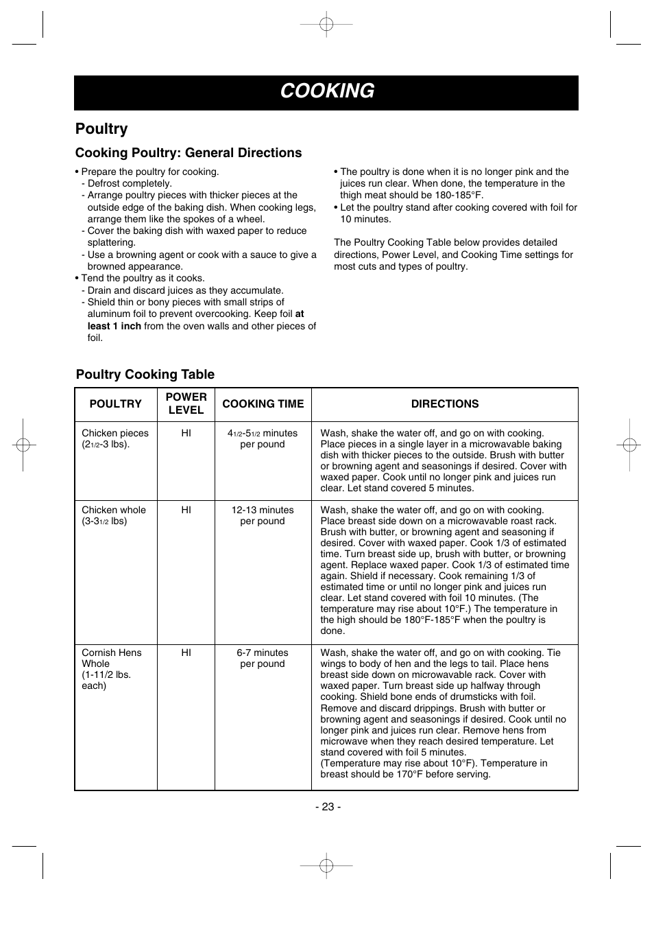 Cooking, Poultry, Cooking poultry: general directions | Poultry cooking table | LG MV1502B User Manual | Page 23 / 30