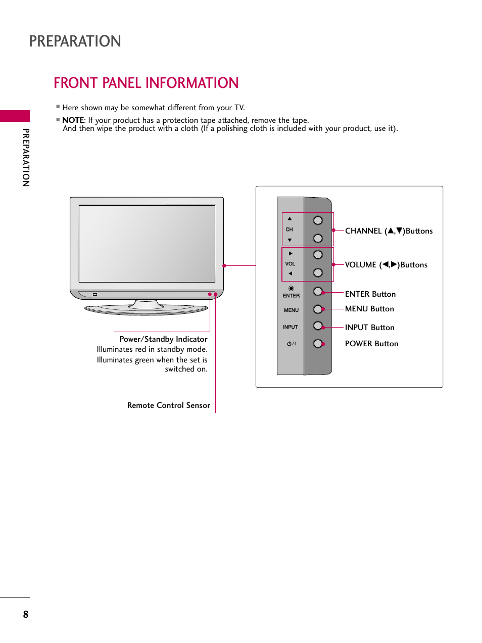 Front panel information, Preparation, Prep ar ation | LG Z37LC6D User Manual | Page 10 / 104