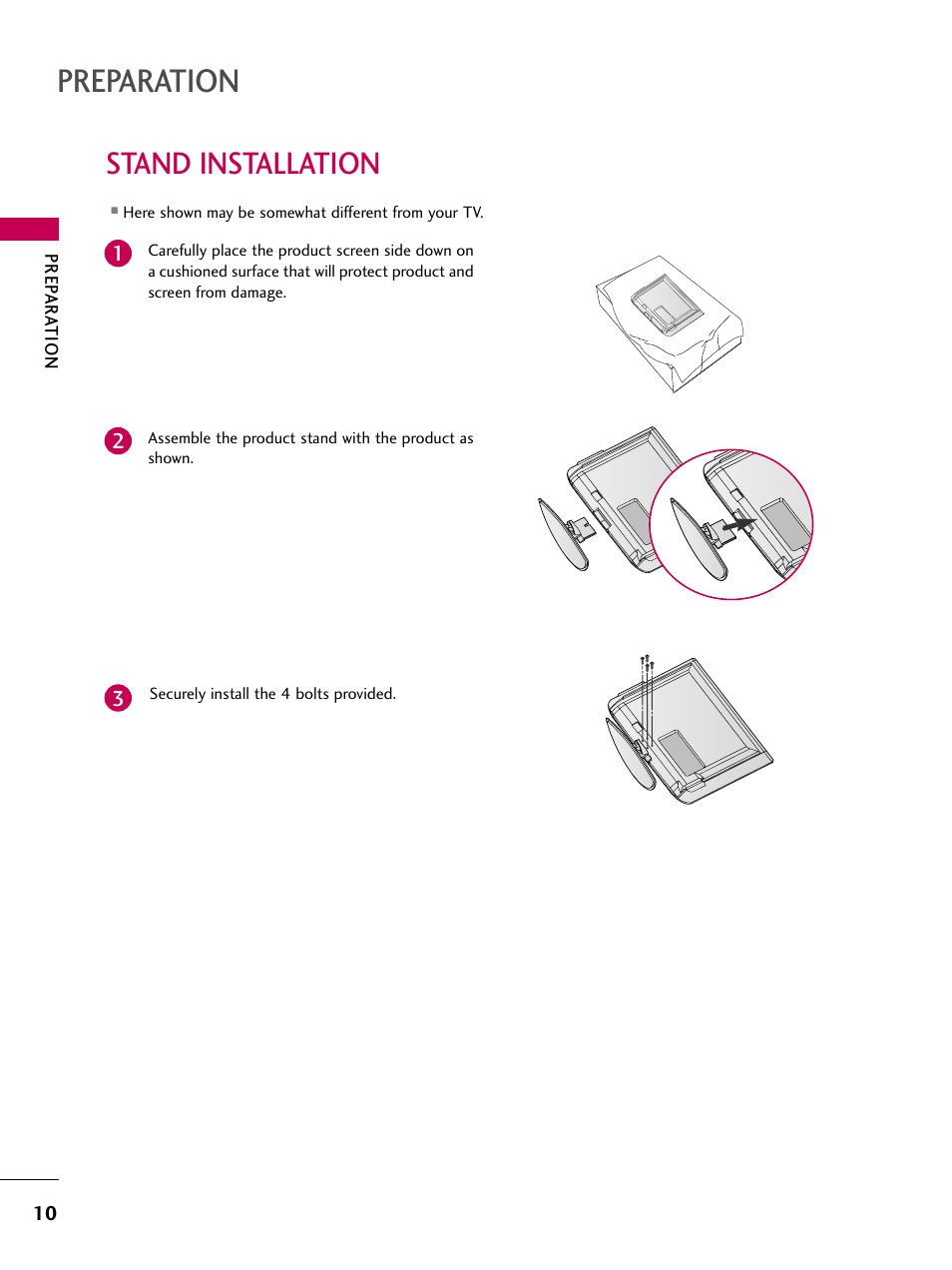 Stand installation, Preparation | LG Z37LC6D User Manual | Page 12 / 104
