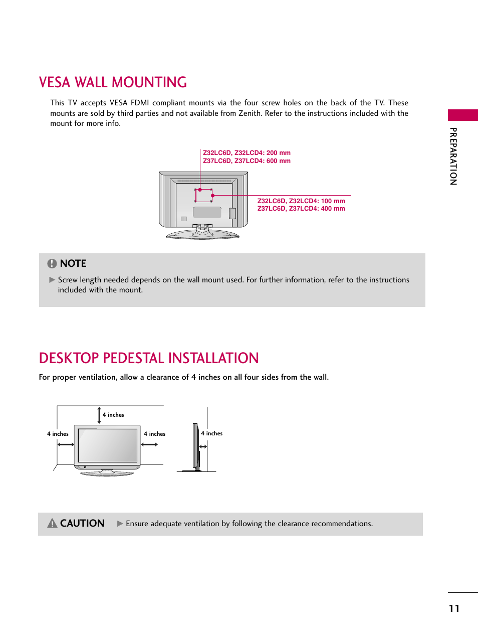 Vesa wall mounting, Desktop pedestal installation, Caution | LG Z37LC6D User Manual | Page 13 / 104