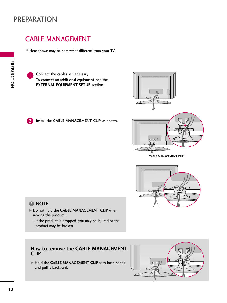 Cable management, Preparation, How to remove the cable management clip | LG Z37LC6D User Manual | Page 14 / 104