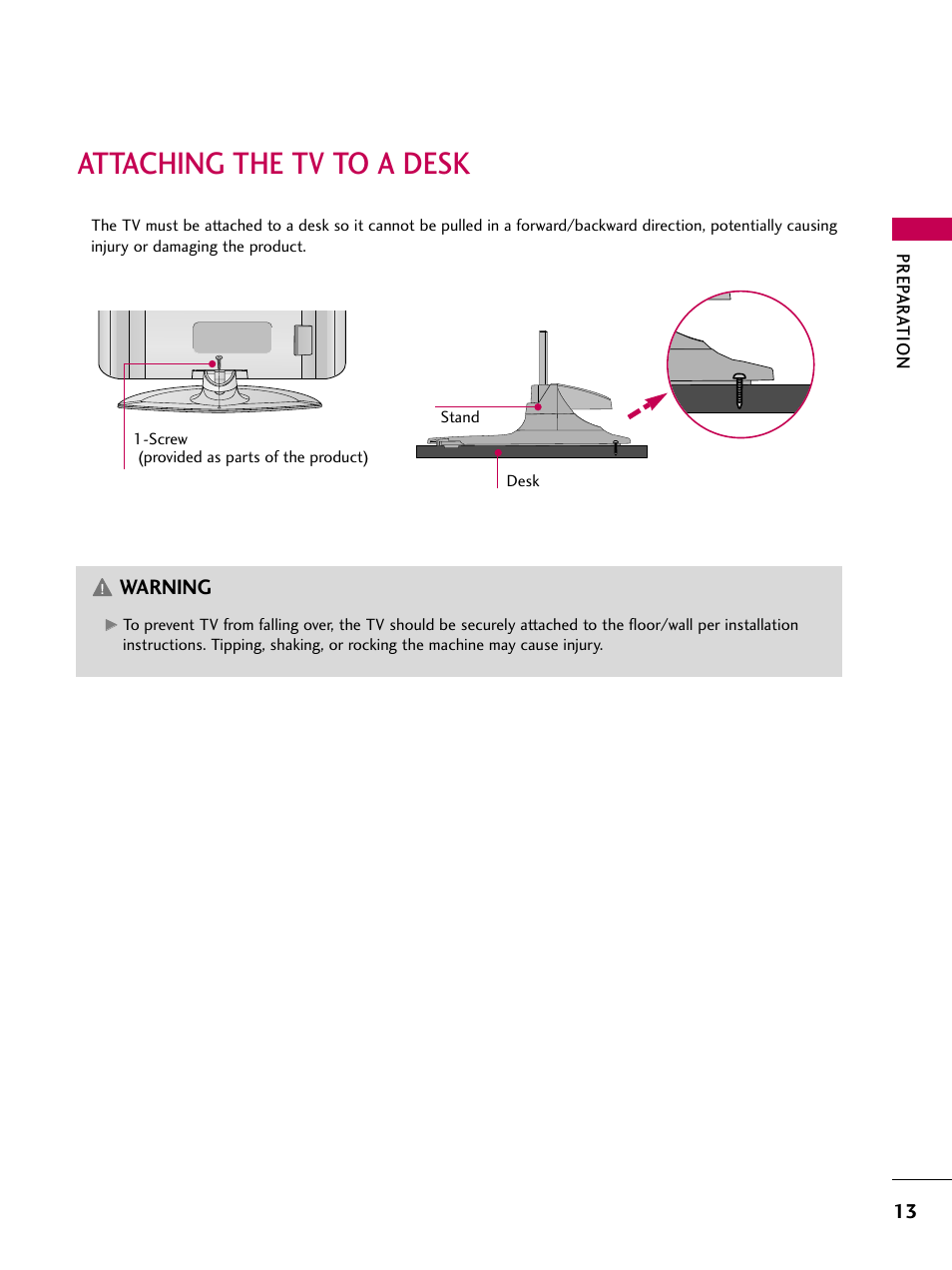 Attaching the tv to a desk | LG Z37LC6D User Manual | Page 15 / 104