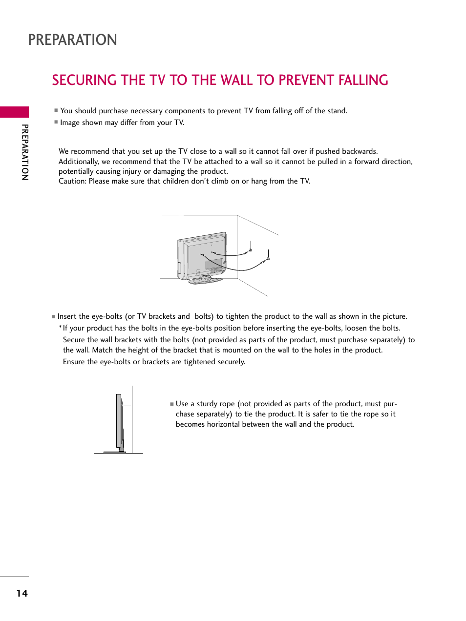 Securing the tv to the wall to prevent falling, Preparation | LG Z37LC6D User Manual | Page 16 / 104