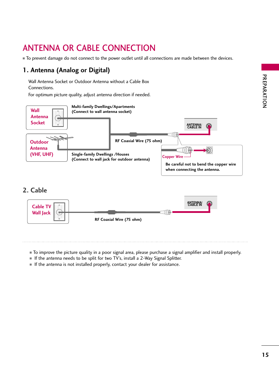 Antenna or cable connection, Antenna (analog or digital), Cable | Prep ar at ion | LG Z37LC6D User Manual | Page 17 / 104