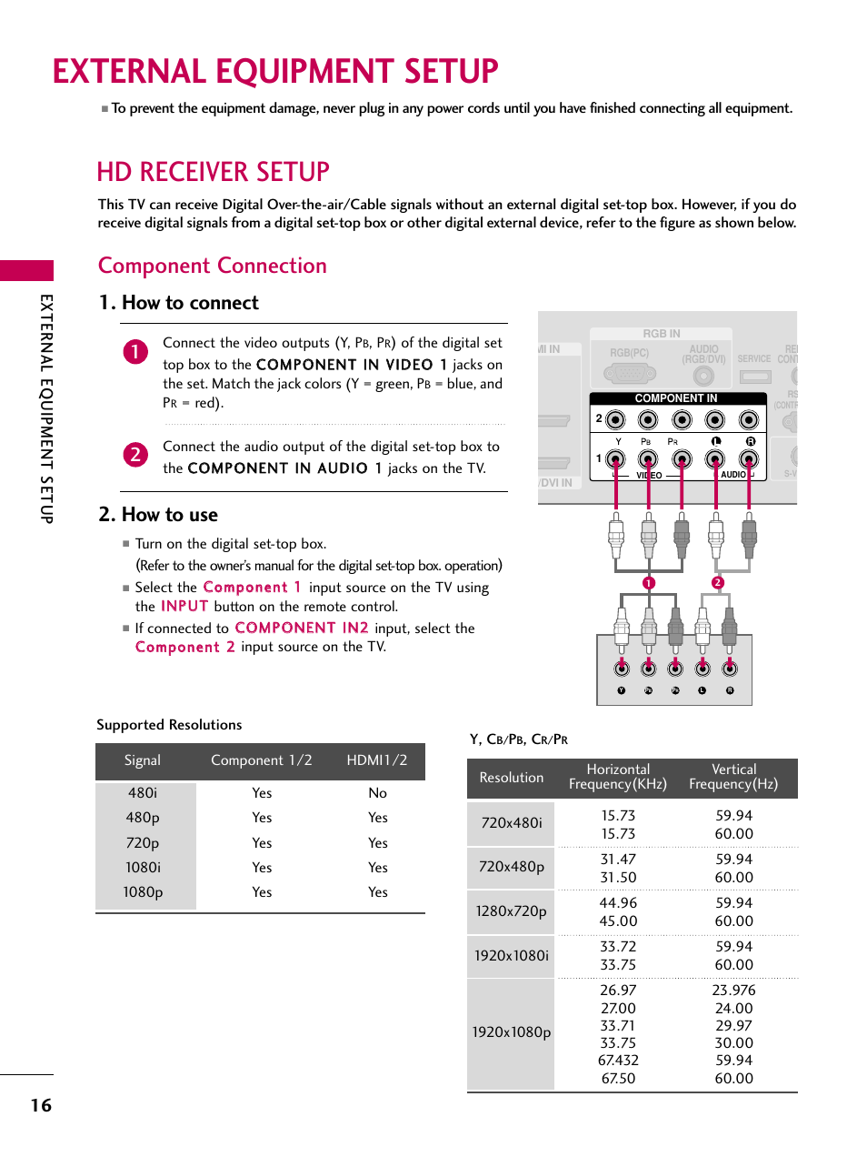 External equipment setup, Hd receiver setup, Component connection | How to connect, How to use, External eq uipment setup | LG Z37LC6D User Manual | Page 18 / 104