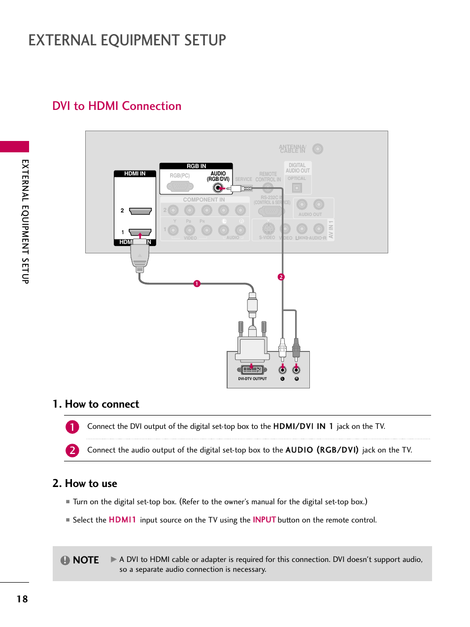 Dvi to hdmi connection, External equipment setup, How to connect | How to use, External eq uipment setup | LG Z37LC6D User Manual | Page 20 / 104
