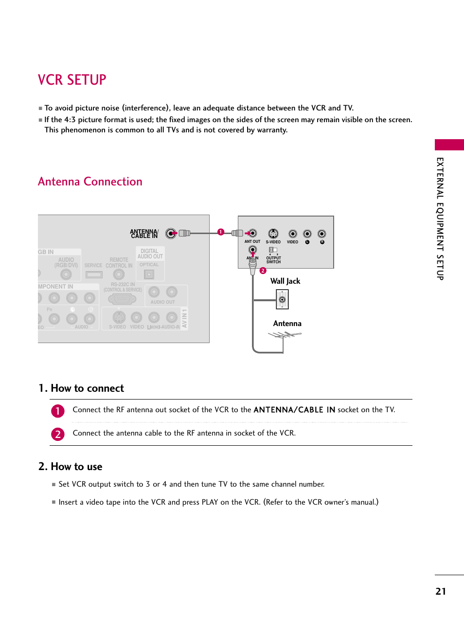 Vcr setup, Antenna connection, How to connect | How to use, External eq uipment setup, Wall jack antenna | LG Z37LC6D User Manual | Page 23 / 104