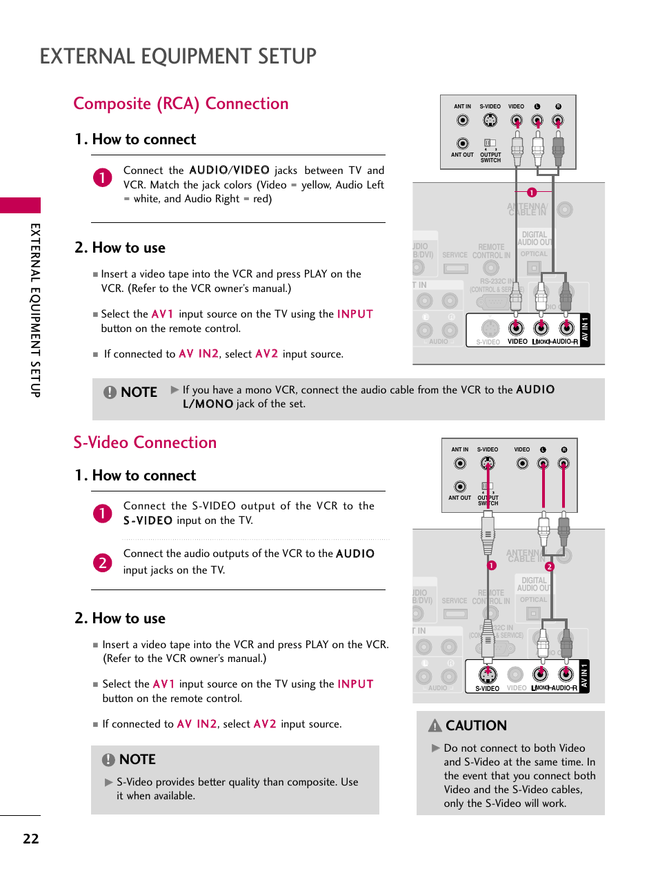 Composite (rca) connection, S-video connection, External equipment setup | How to connect 2. how to use, Caution, External eq uipment setup | LG Z37LC6D User Manual | Page 24 / 104