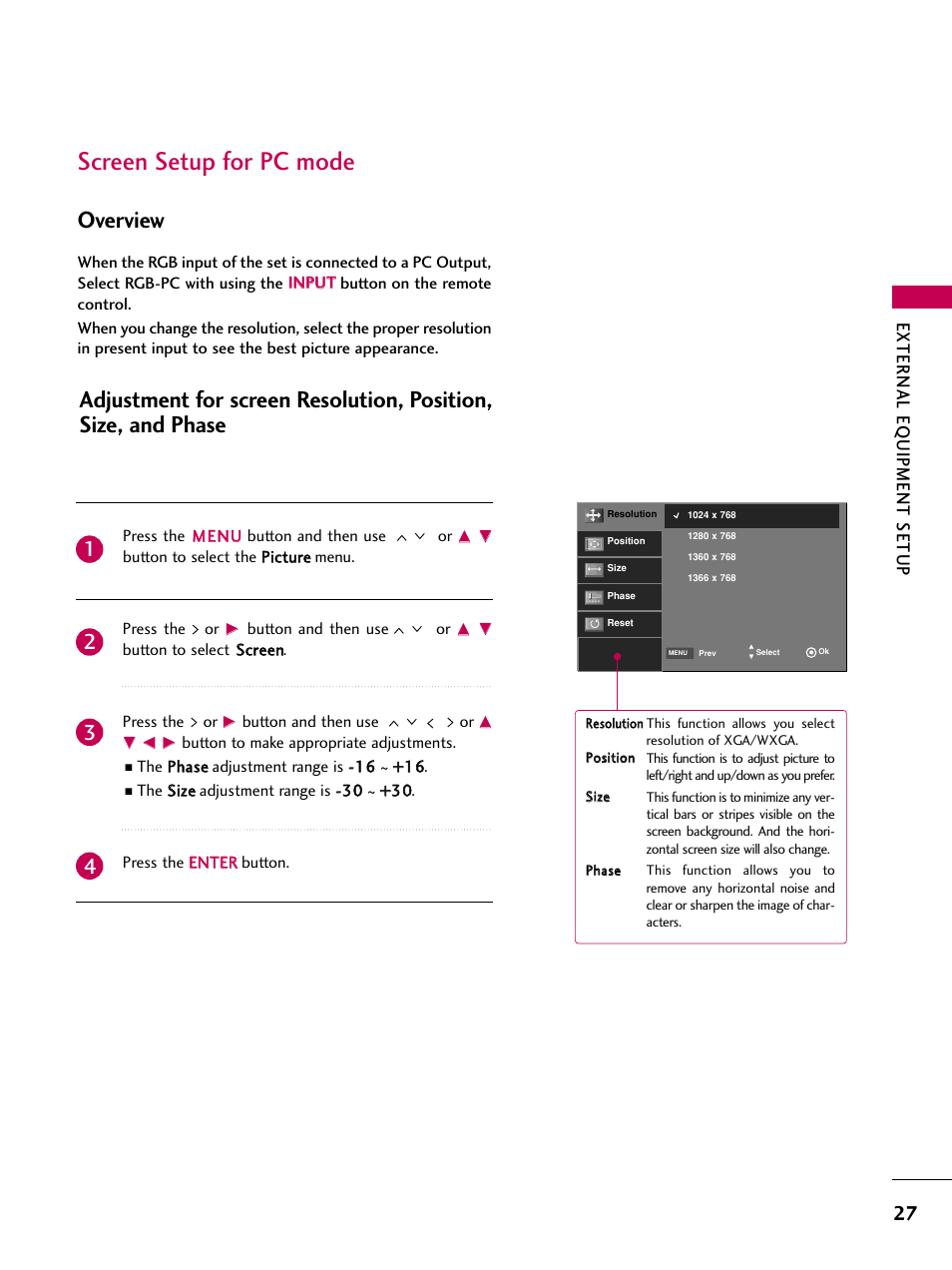 Screen setup for pc mode, Overview, External eq uipment setup | LG Z37LC6D User Manual | Page 29 / 104