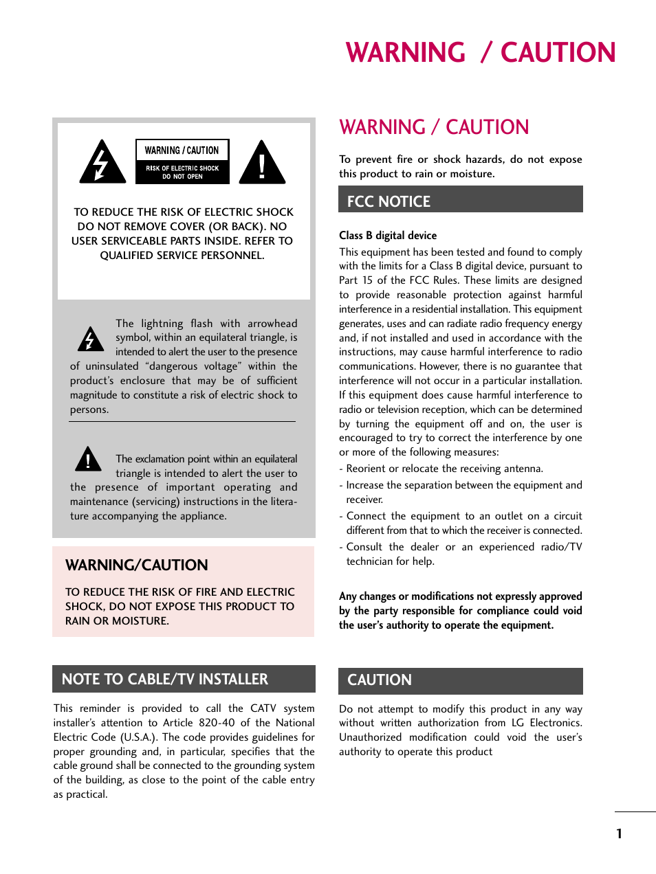 Warning / caution, Fcc notice, Caution | Warning/caution | LG Z37LC6D User Manual | Page 3 / 104