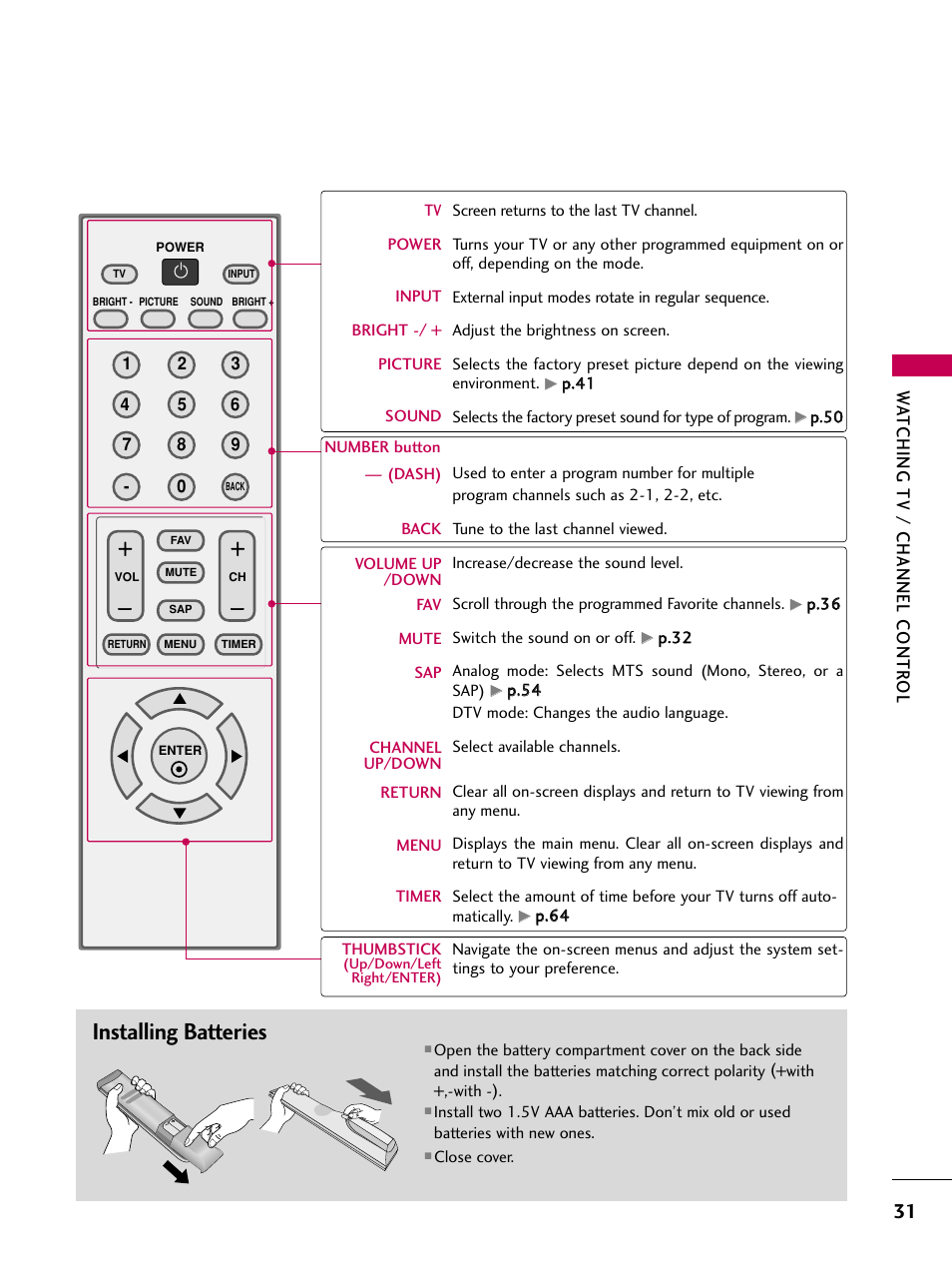Installing batteries, Watching tv / channel contr ol | LG Z37LC6D User Manual | Page 33 / 104