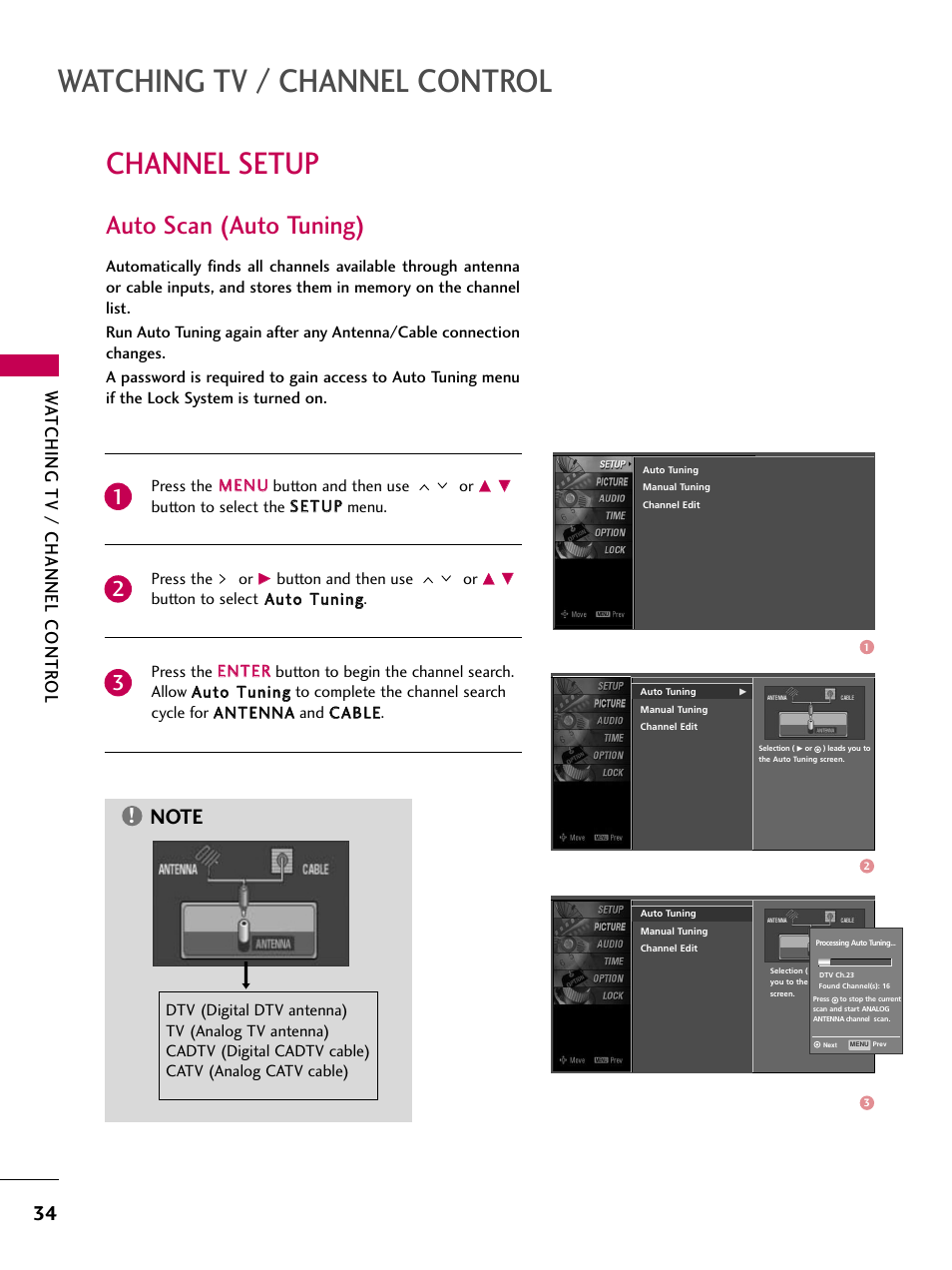 Channel setup, Auto scan (auto tuning), Watching tv / channel control | Watching tv / channel contr ol | LG Z37LC6D User Manual | Page 36 / 104