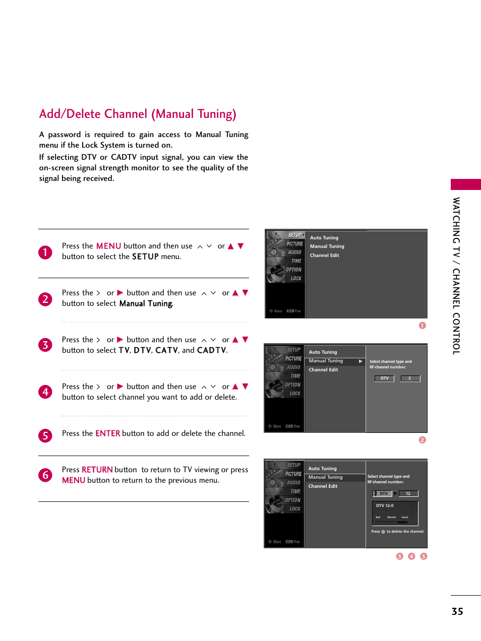 Add/delete channel (manual tuning), Watching tv / channel contr ol | LG Z37LC6D User Manual | Page 37 / 104