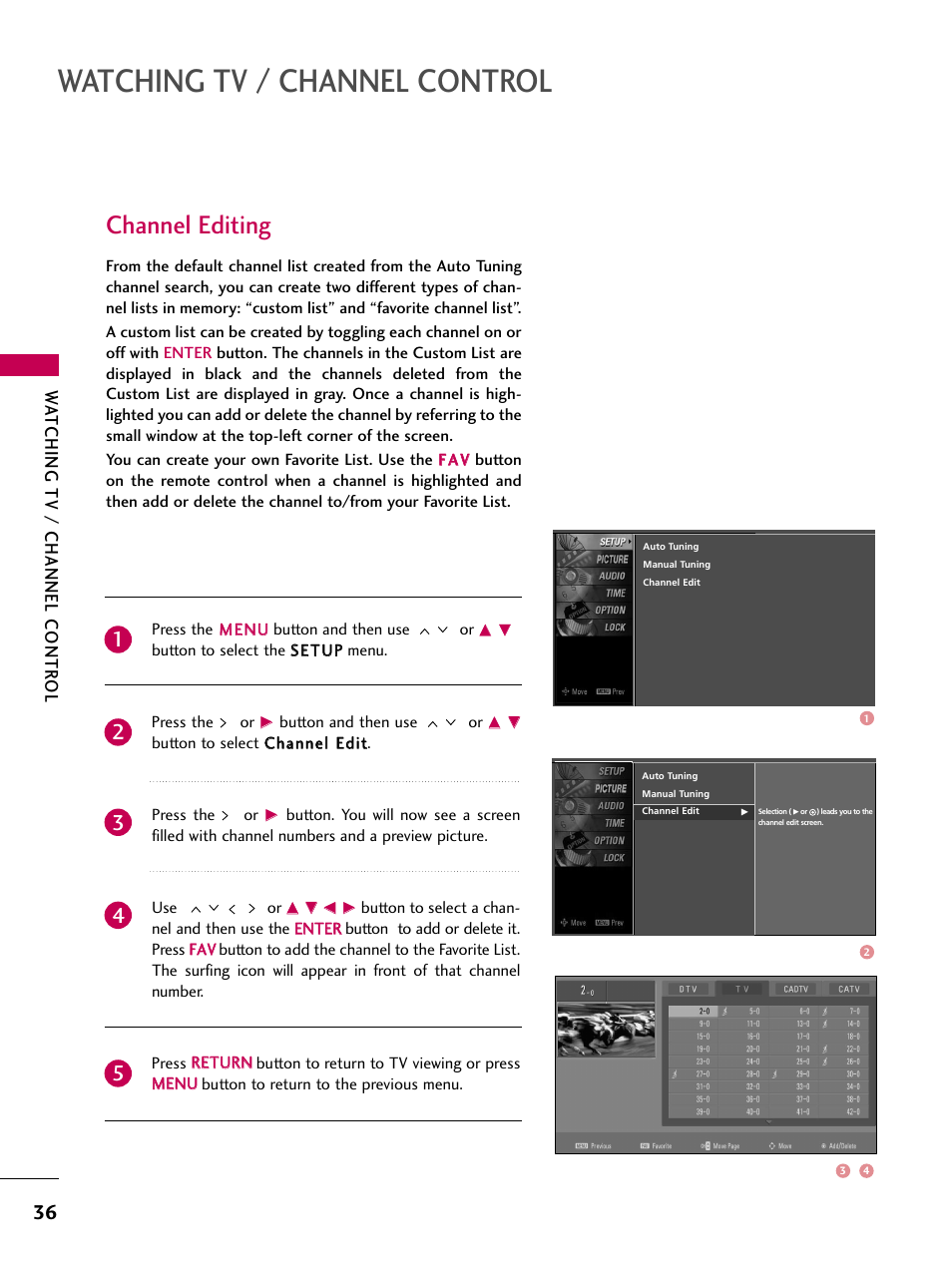 Channel editing, Watching tv / channel control, Watching tv / channel contr ol | LG Z37LC6D User Manual | Page 38 / 104