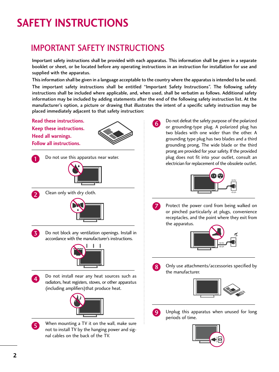 Safety instructions, Important safety instructions | LG Z37LC6D User Manual | Page 4 / 104