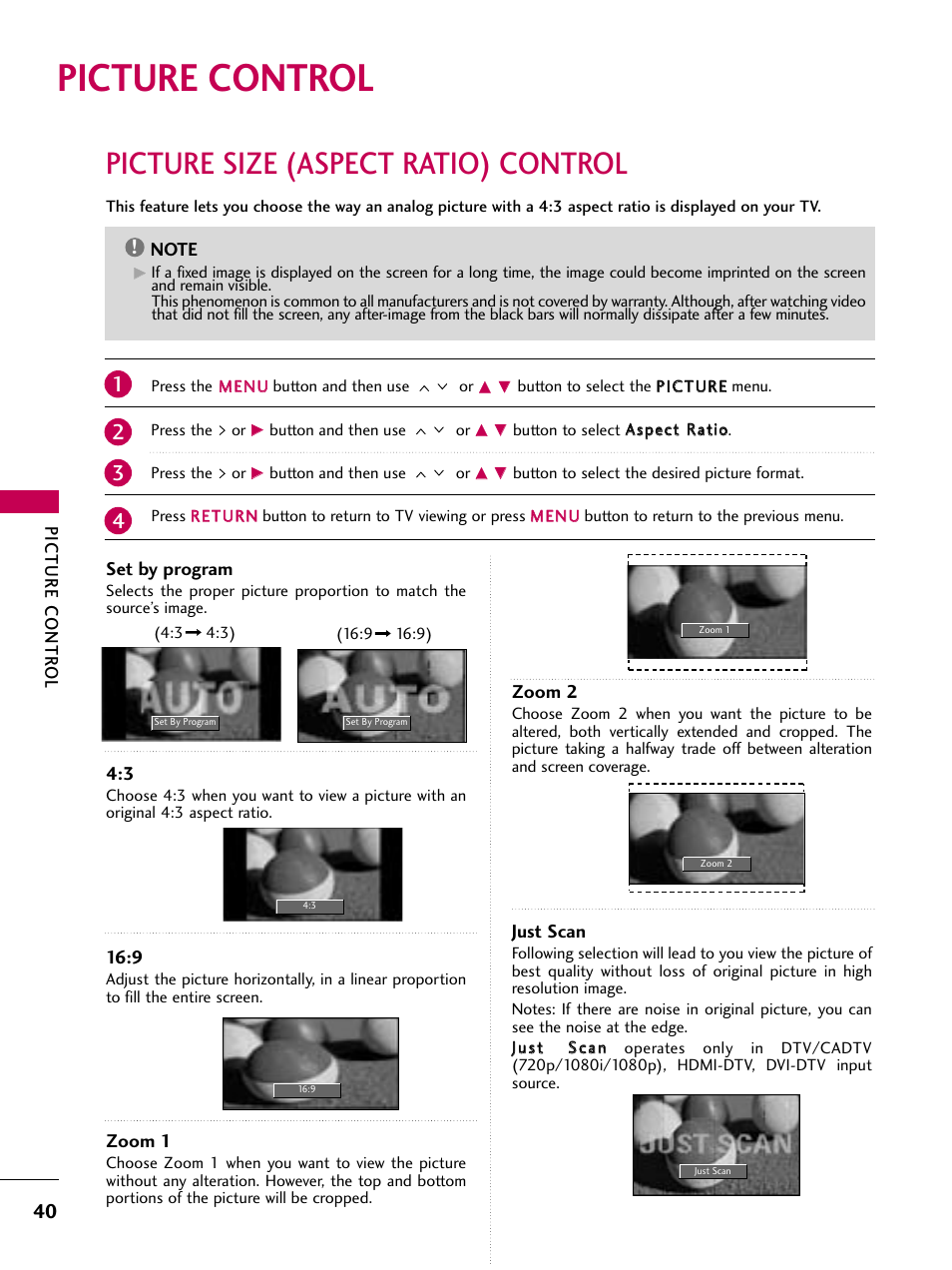 Picture control, Picture size (aspect ratio) control | LG Z37LC6D User Manual | Page 42 / 104