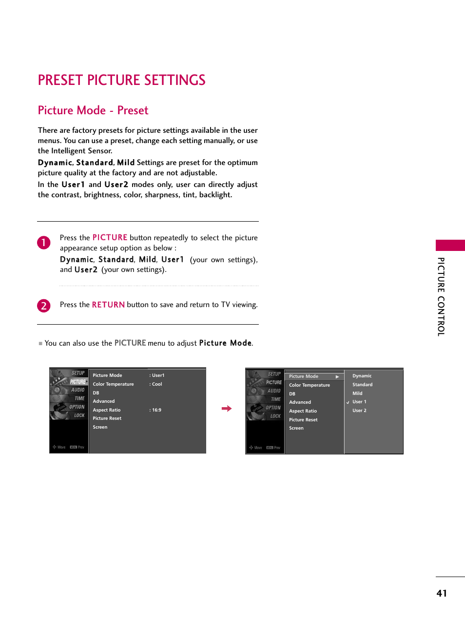 Preset picture settings, Picture mode - preset, Picture contr ol | LG Z37LC6D User Manual | Page 43 / 104