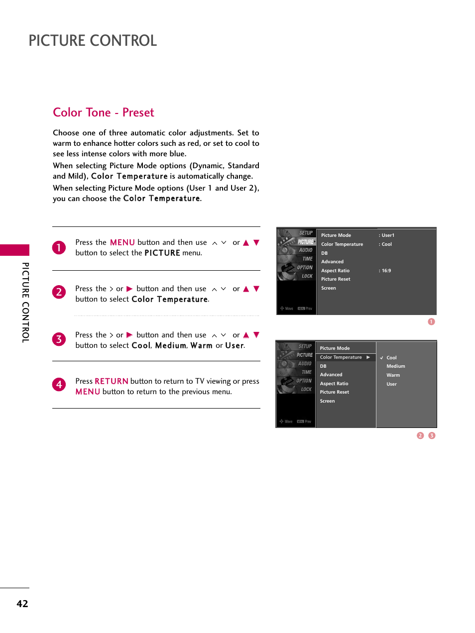 Color tone - preset, Picture control, Picture contr ol | LG Z37LC6D User Manual | Page 44 / 104