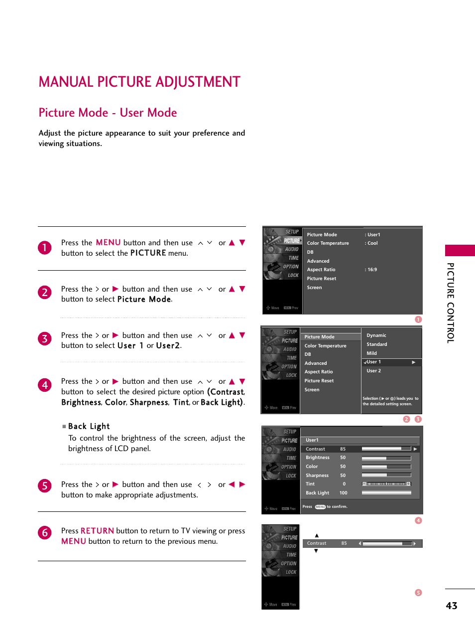 Manual picture adjustment, Picture mode - user mode, Picture contr ol | LG Z37LC6D User Manual | Page 45 / 104