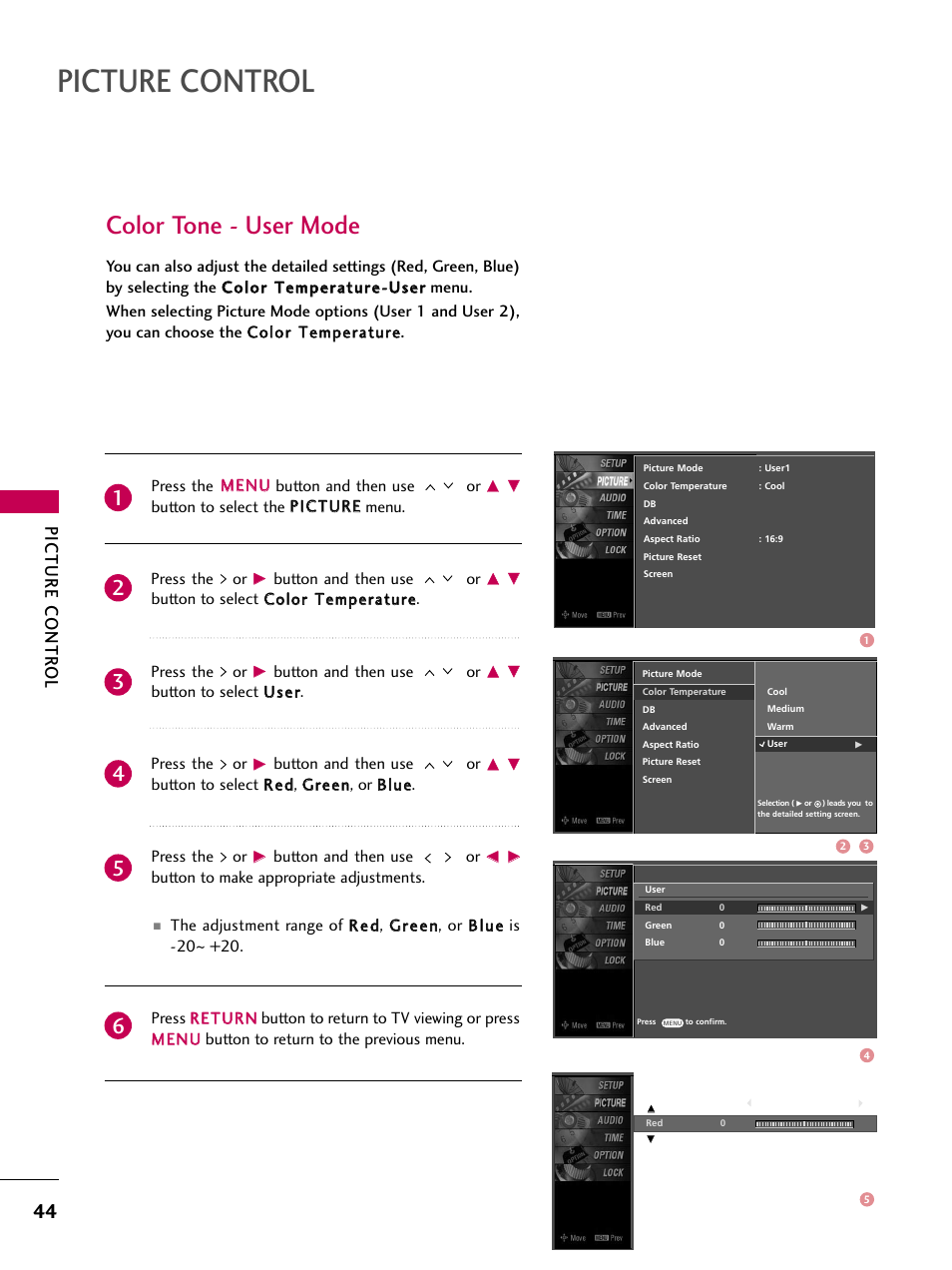 Color tone - user mode, Picture control, Picture contr ol | LG Z37LC6D User Manual | Page 46 / 104