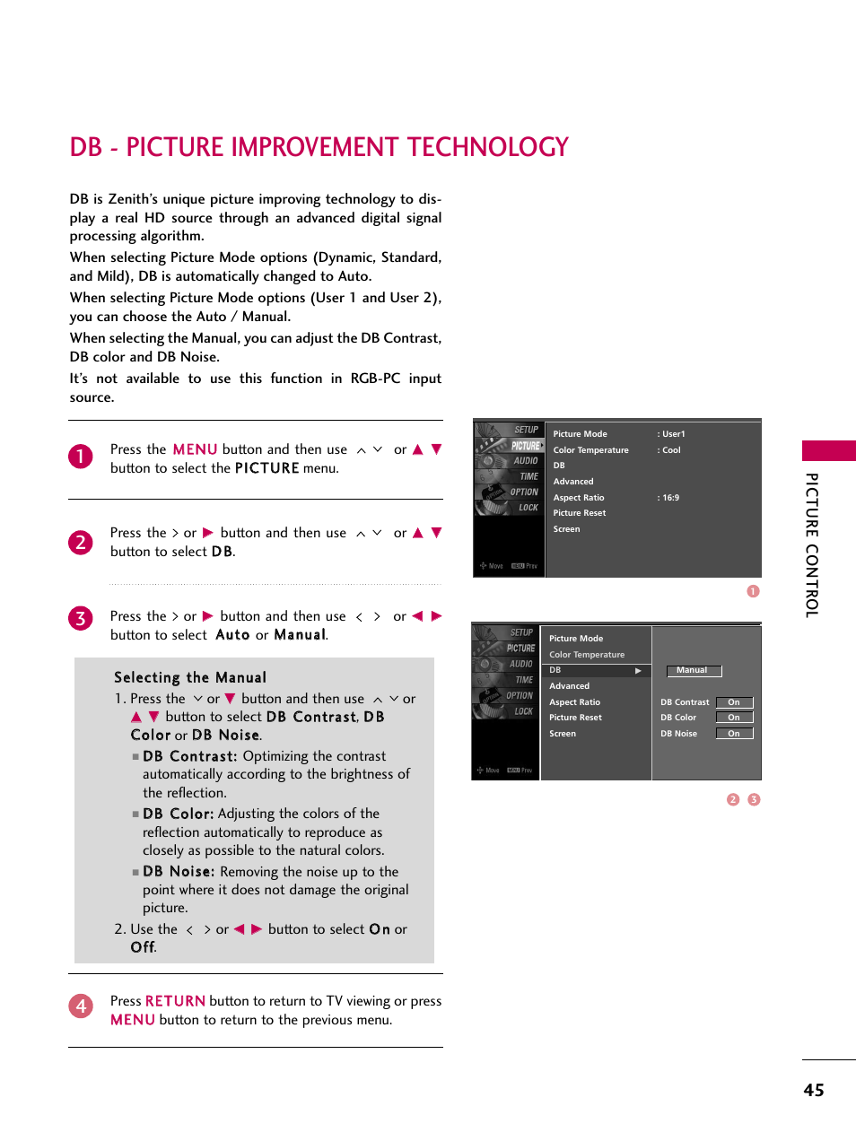 Db - picture improvement technology, Picture contr ol | LG Z37LC6D User Manual | Page 47 / 104