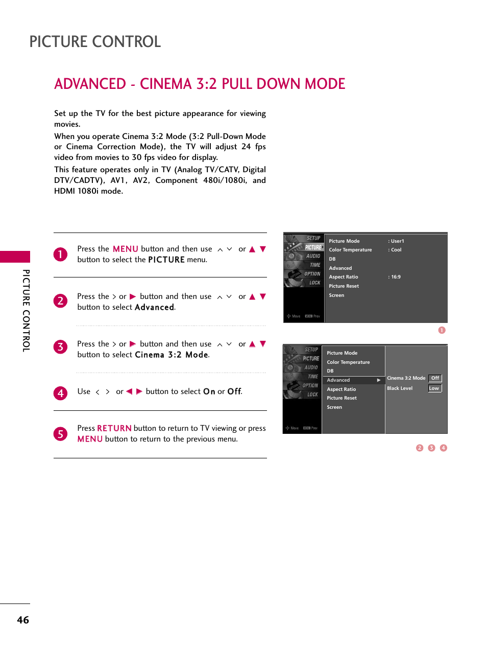 Advanced - cinema 3:2 pull down mode, Picture control, Picture contr ol | LG Z37LC6D User Manual | Page 48 / 104