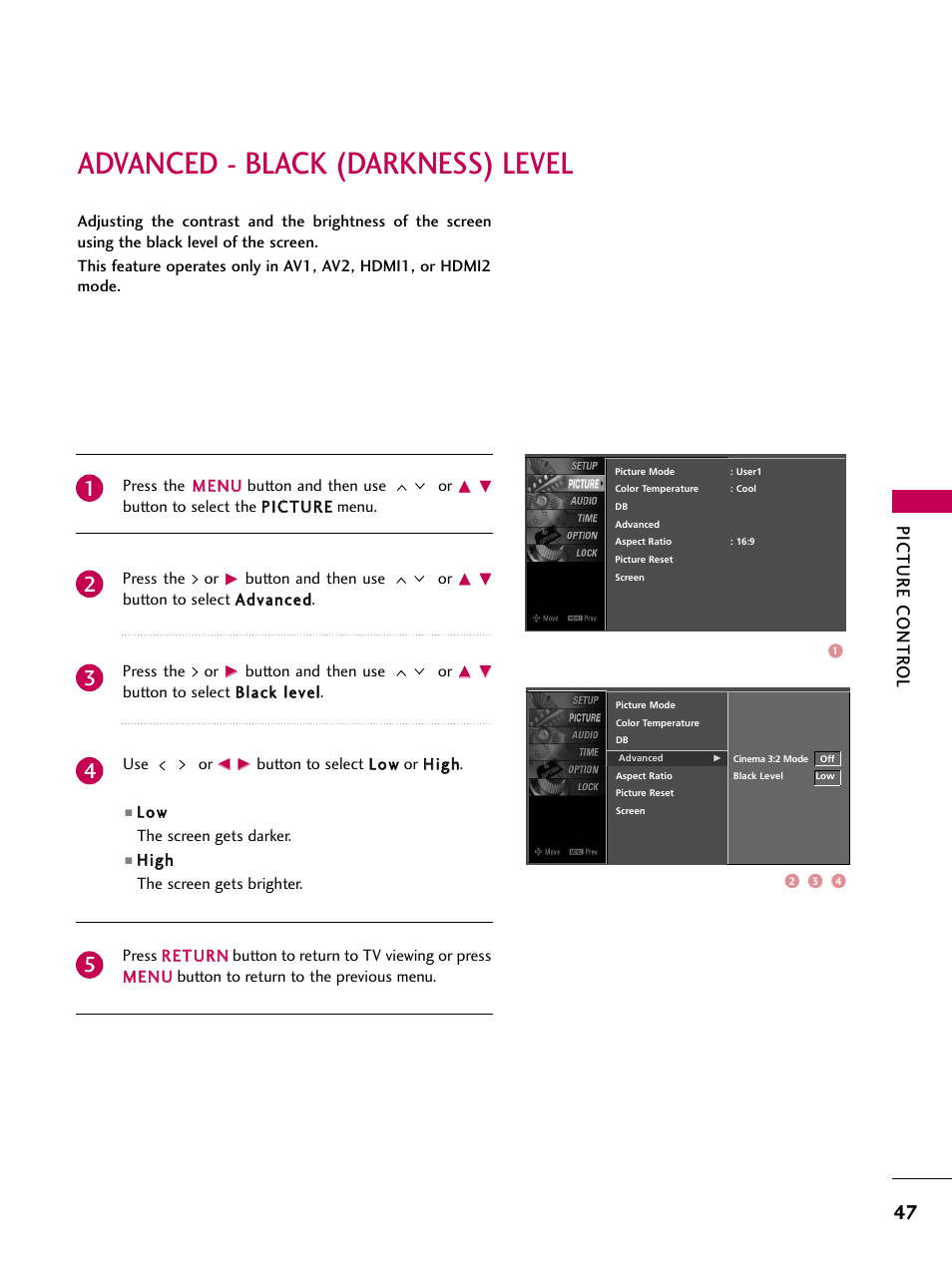 Advanced - black (darkness) level, Picture contr ol | LG Z37LC6D User Manual | Page 49 / 104