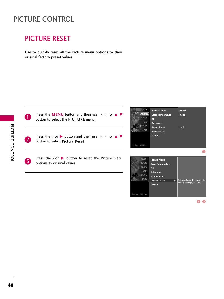 Picture reset, Picture control, Picture contr ol | LG Z37LC6D User Manual | Page 50 / 104