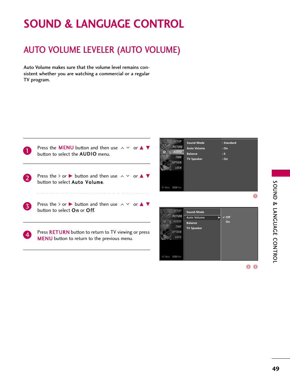Sound & language control, Auto volume leveler (auto volume), Sound & langu a ge contr ol | LG Z37LC6D User Manual | Page 51 / 104