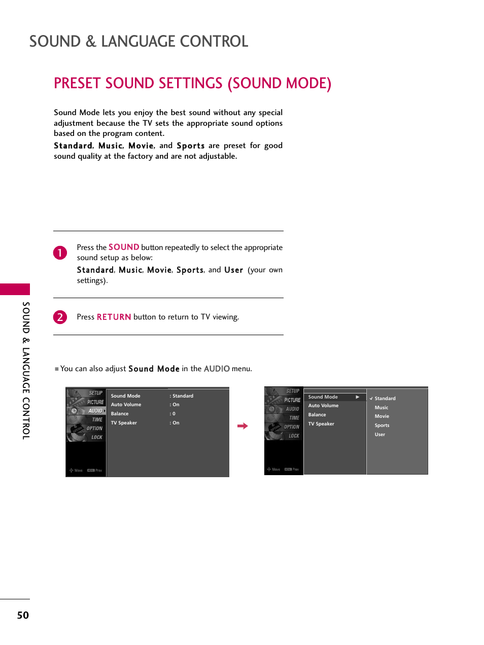 Preset sound settings (sound mode), Sound & language control, Sound & langu a ge contr ol | LG Z37LC6D User Manual | Page 52 / 104