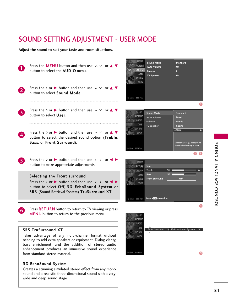Sound setting adjustment - user mode, Sound & langu a ge contr ol | LG Z37LC6D User Manual | Page 53 / 104