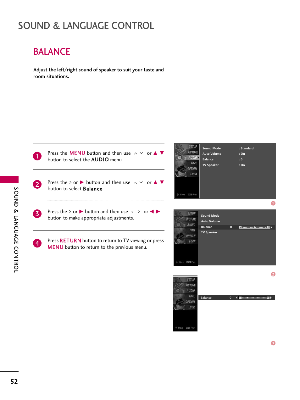 Balance, Sound & language control, Sound & langu a ge contr ol | LG Z37LC6D User Manual | Page 54 / 104