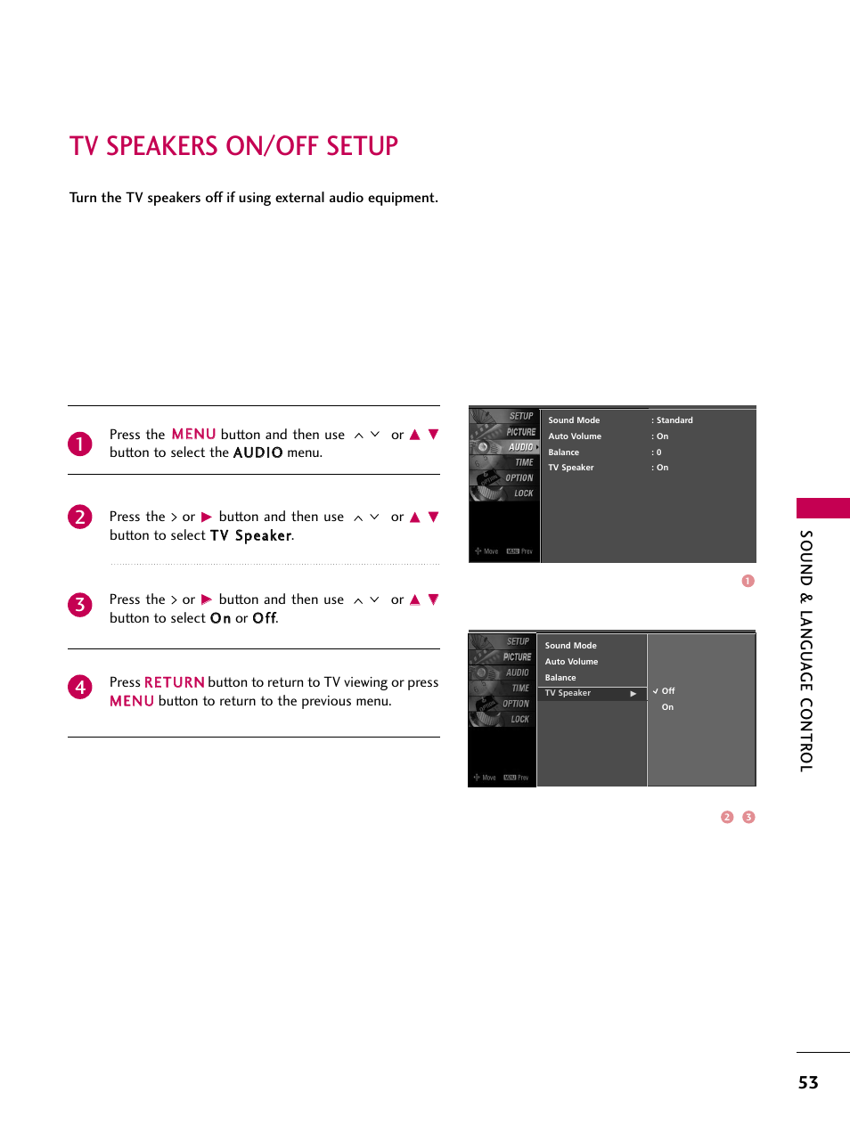 Tv speakers on/off setup, Sound & langu a ge contr ol | LG Z37LC6D User Manual | Page 55 / 104