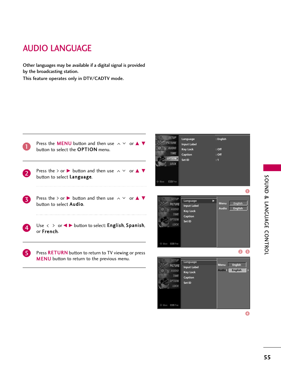 Audio language, Sound & langu a ge contr ol | LG Z37LC6D User Manual | Page 57 / 104
