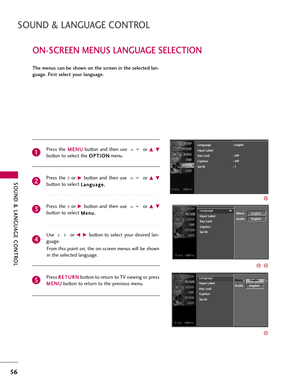 On-screen menus language selection, Sound & language control, Sound & langu a ge contr ol | LG Z37LC6D User Manual | Page 58 / 104
