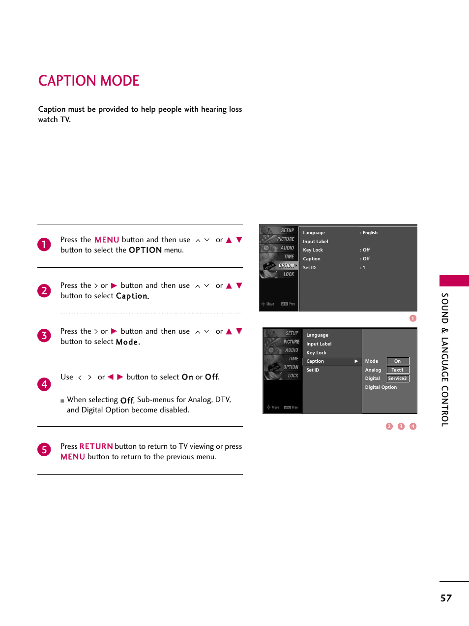 Caption mode, Sound & langu a ge contr ol | LG Z37LC6D User Manual | Page 59 / 104