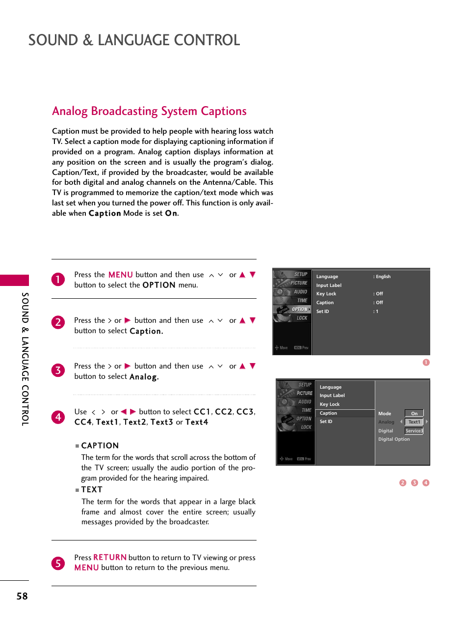Analog broadcasting system captions, Sound & language control, Sound & langu a ge contr ol | LG Z37LC6D User Manual | Page 60 / 104