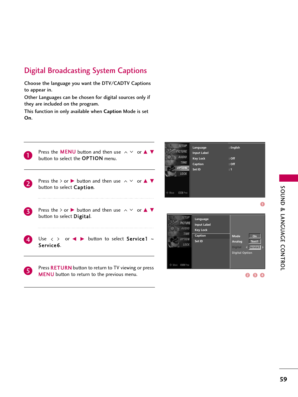 Digital broadcasting system captions, Sound & langu a ge contr ol | LG Z37LC6D User Manual | Page 61 / 104