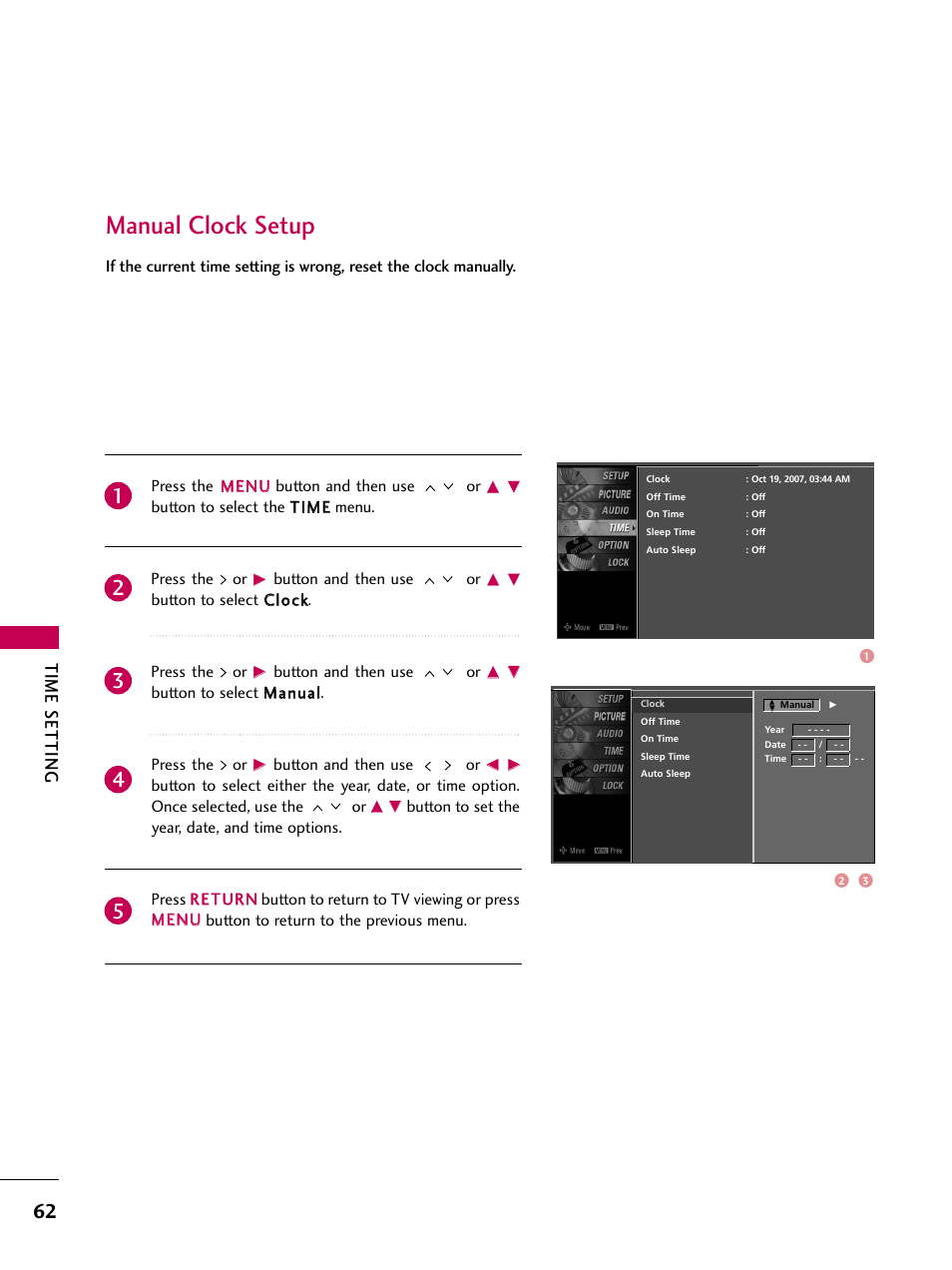 Manual clock setup, Time setting | LG Z37LC6D User Manual | Page 64 / 104