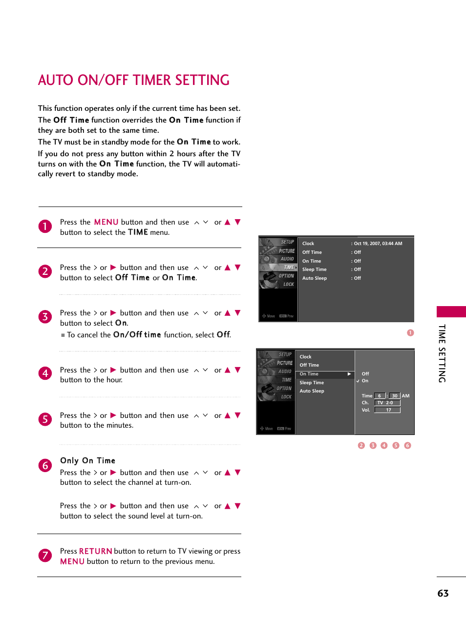 Auto on/off timer setting, Time setting | LG Z37LC6D User Manual | Page 65 / 104