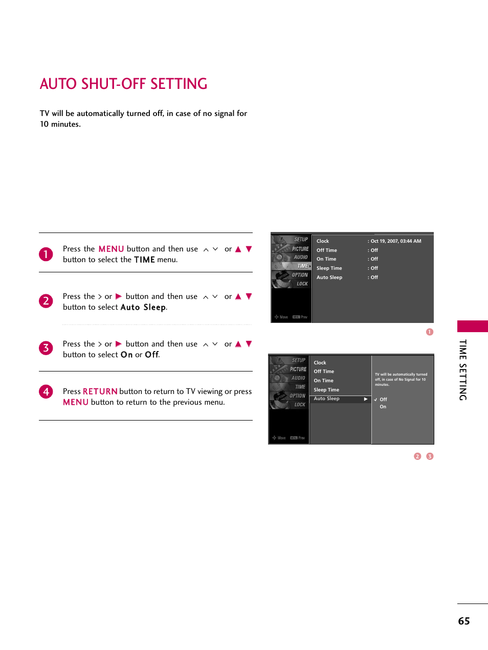 Auto shut-off setting, Time setting | LG Z37LC6D User Manual | Page 67 / 104