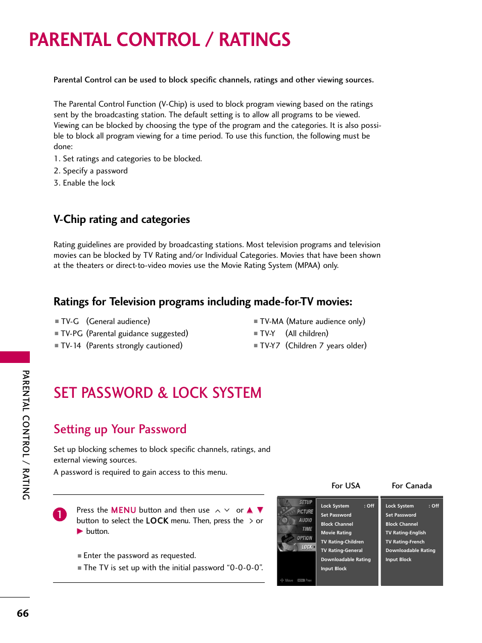 Parental control / ratings, Set password & lock system, Setting up your password | V-chip rating and categories, Parent al contr ol / r ating | LG Z37LC6D User Manual | Page 68 / 104