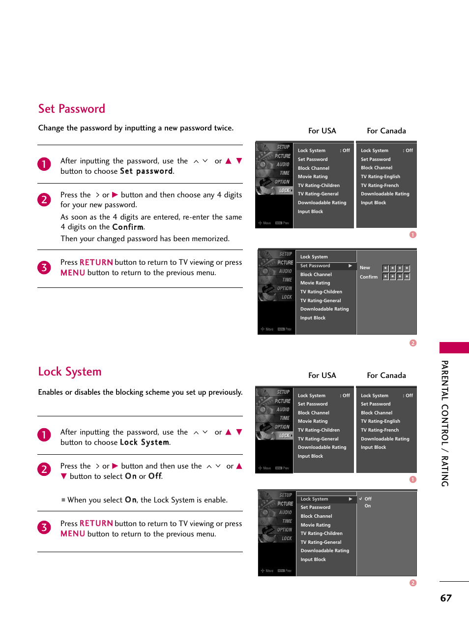 Set password, Lock system, Set password lock system | Parent al contr ol / r ating | LG Z37LC6D User Manual | Page 69 / 104